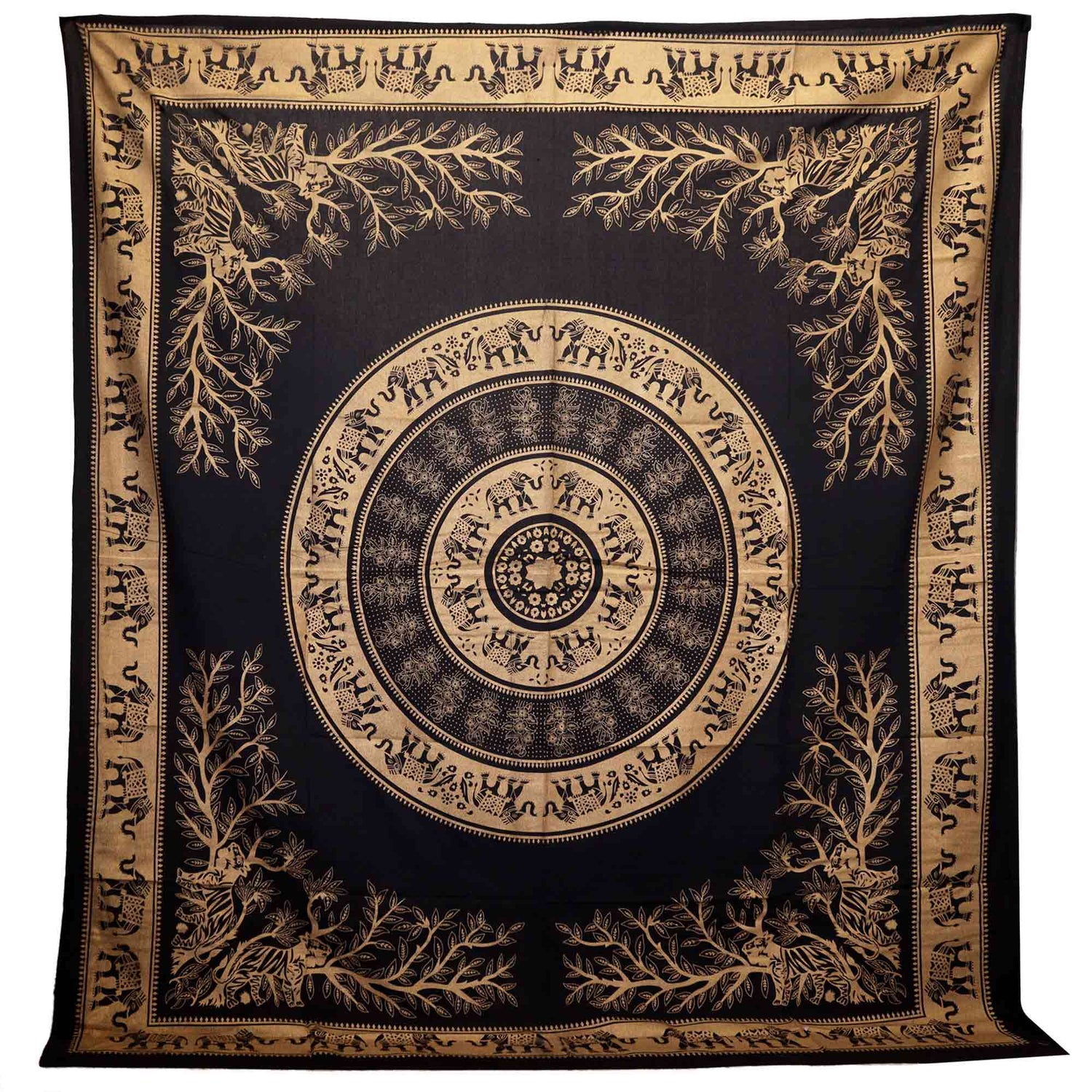 Elegant Black and Gold Elephant Jungle Double Cotton Bedspread and Wall Hanging Tapestry - SHAMTAM.COM