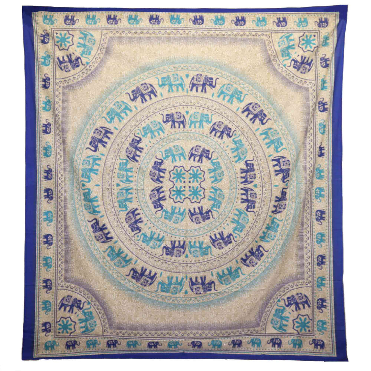 Blue Elephant Mandala Tapestry - Bohemian Wall Hanging, Bedspread, or Throw with Floral and Elephant Design - SHAMTAM.COM