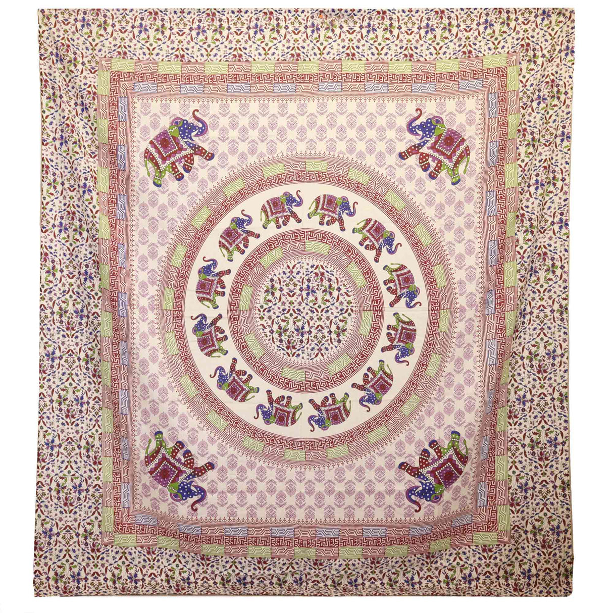 Vibrant Elephant Mandala Tapestry - Purple & Blue on Cream | Bohemian Wall Hanging & Bedspread Decor - SHAMTAM.COM