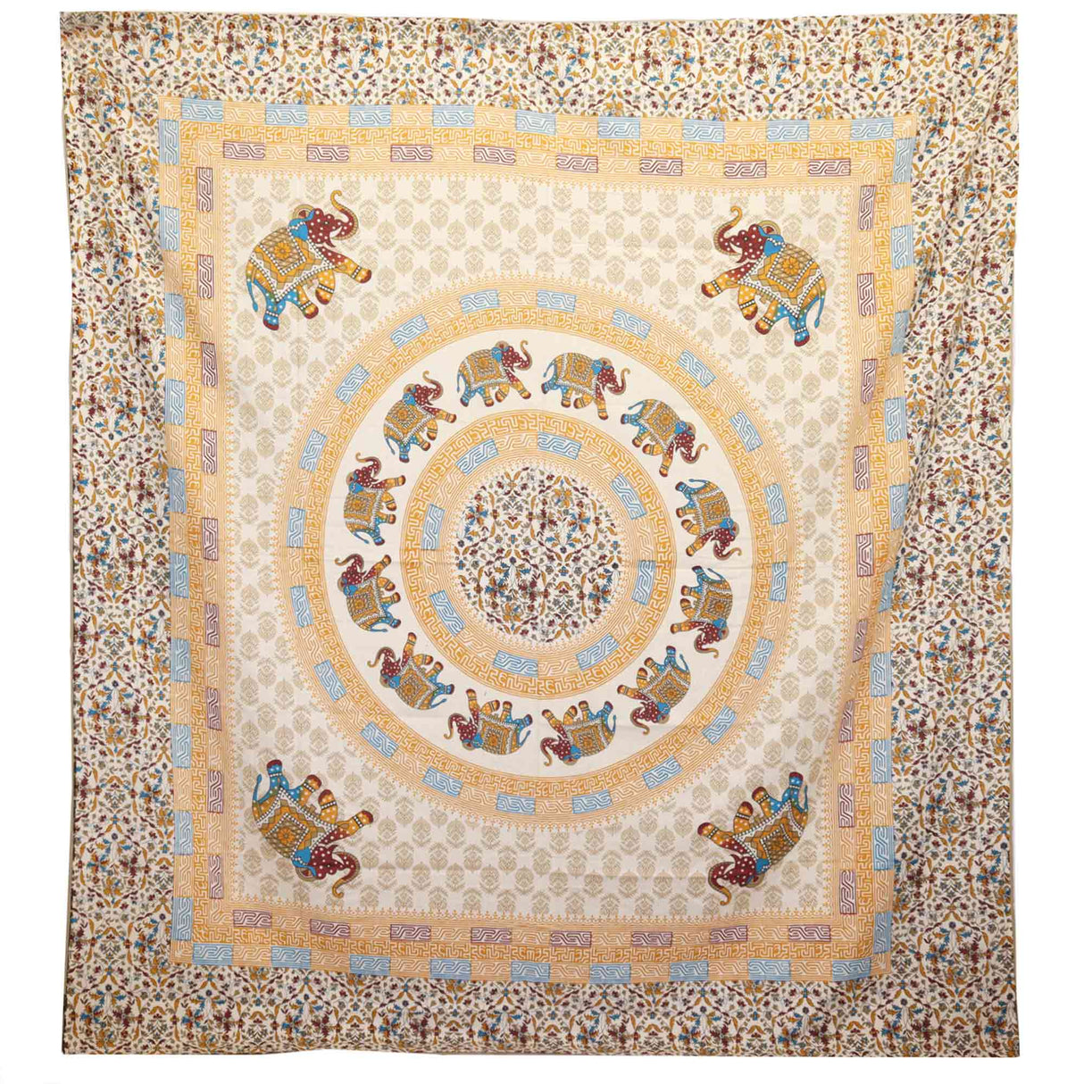 Elephant Mandala Wall Hanging Tapestry - Brown/Orange on Cream with Intricate Patterns and Floral Border for Home Decor - SHAMTAM.COM