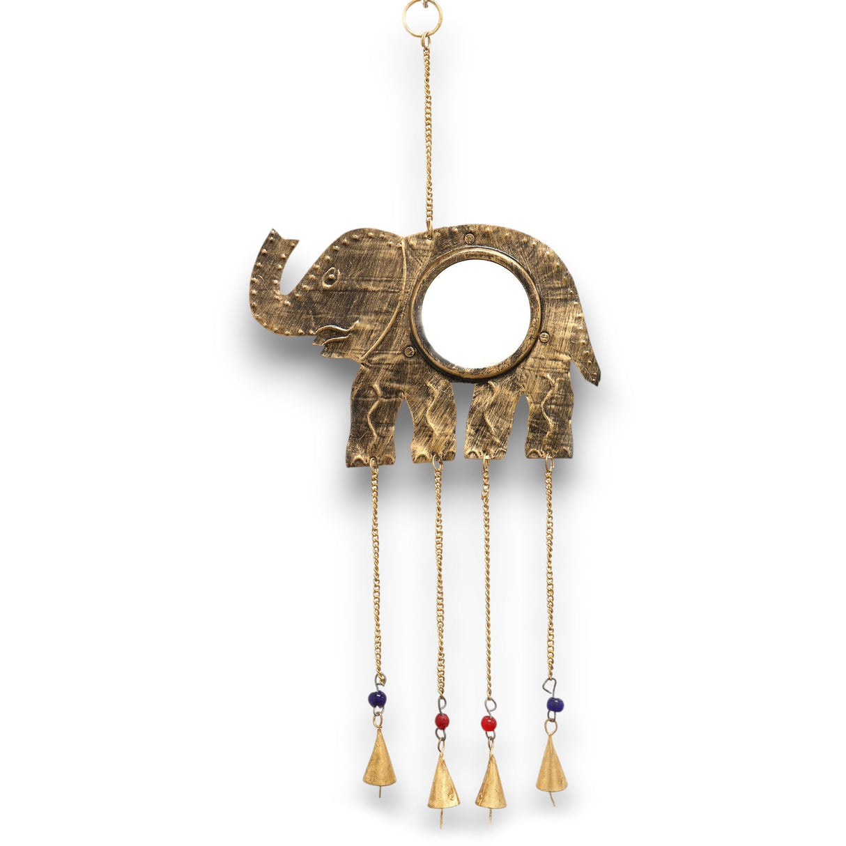 Elegant Elephant Mirror Wind Chime with 4 Brass Bells - Handcrafted Indian Decor for Good Fortune and Serenity - SHAMTAM.COM