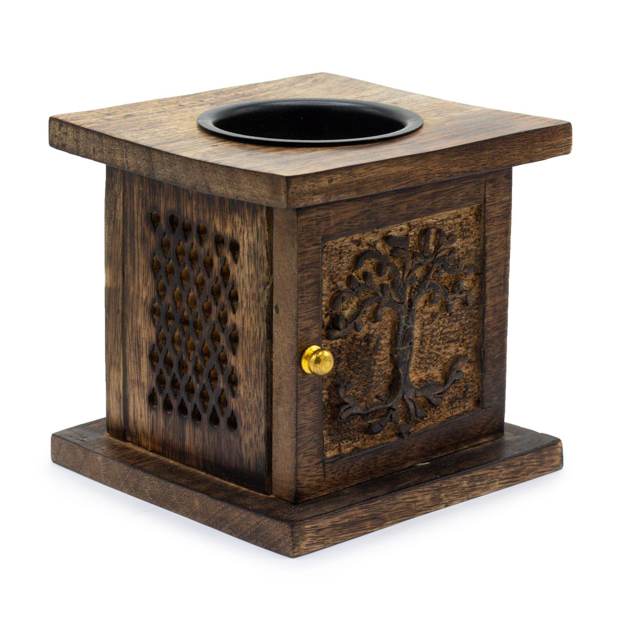 Eco - Friendly Mango Wood Essential Oil Burner with Tree of Life Design - 12x12 cm Aromatherapy Box - SHAMTAM.COM