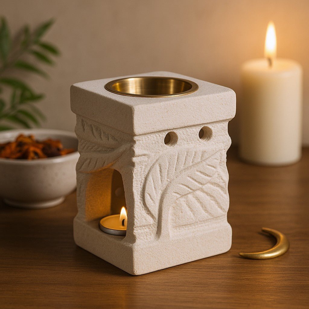 Essential Oil Burner Sandstone Carved Leaf - SHAMTAM.COM
