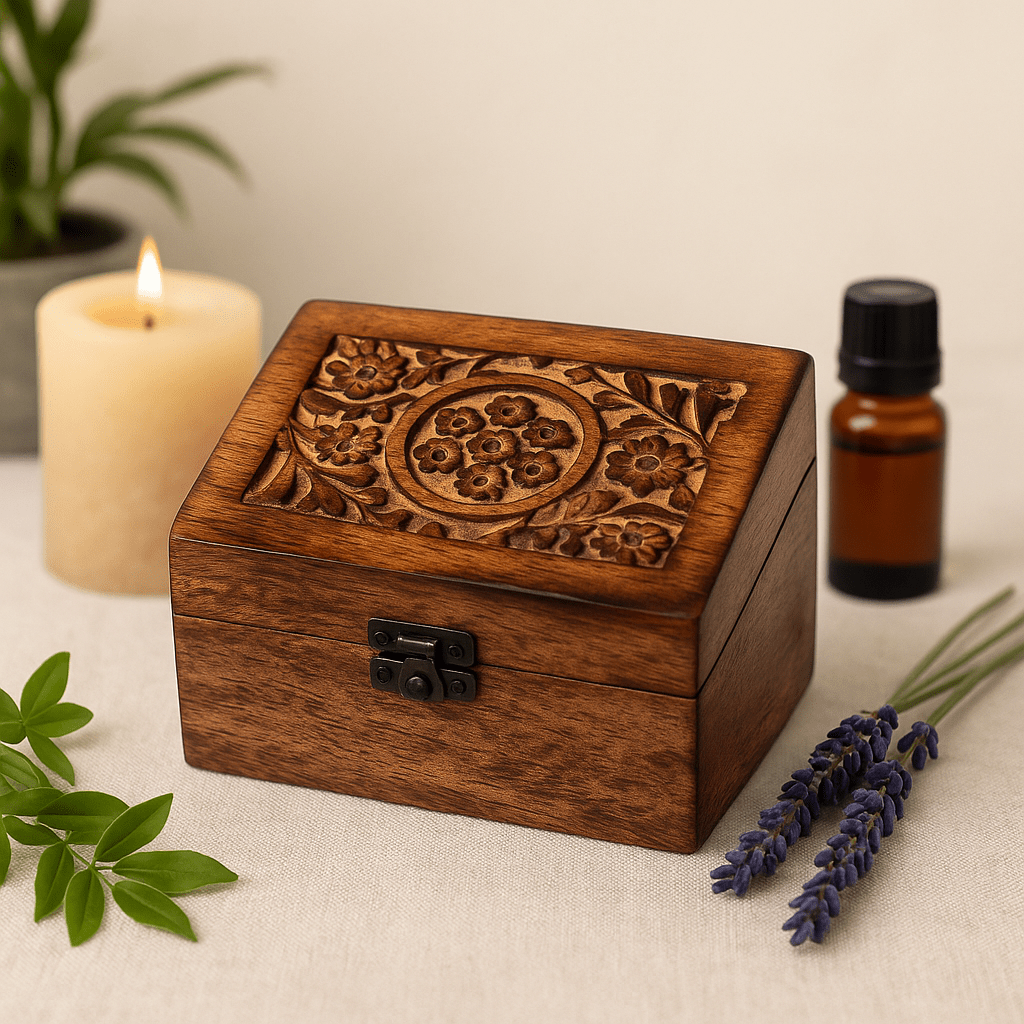 Essential Oil Storage Box Wooden Floral 12 Bottles - SHAMTAM.COM