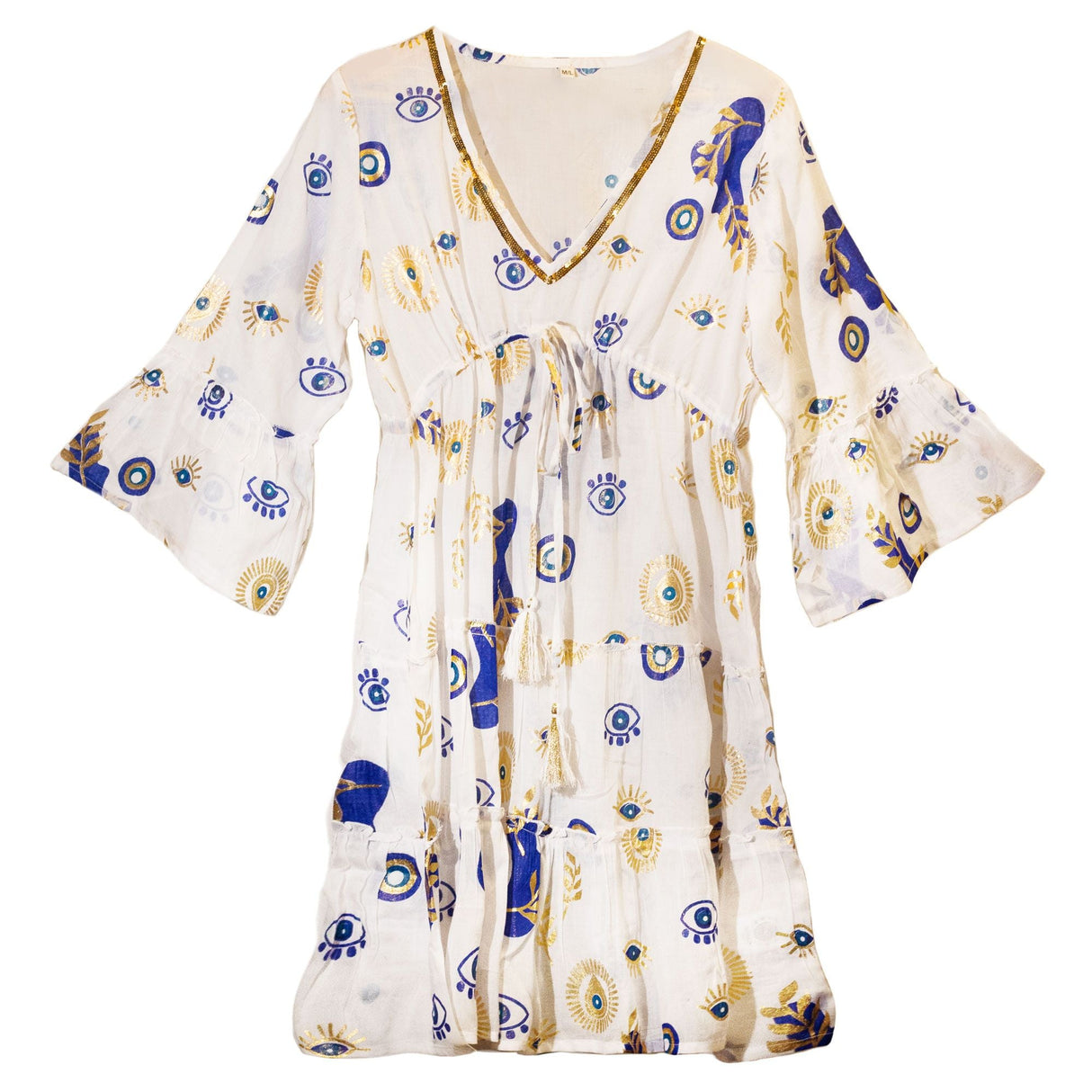 Evil Eye Dress - White Blue Gold L/XL - SHAMTAM.COM