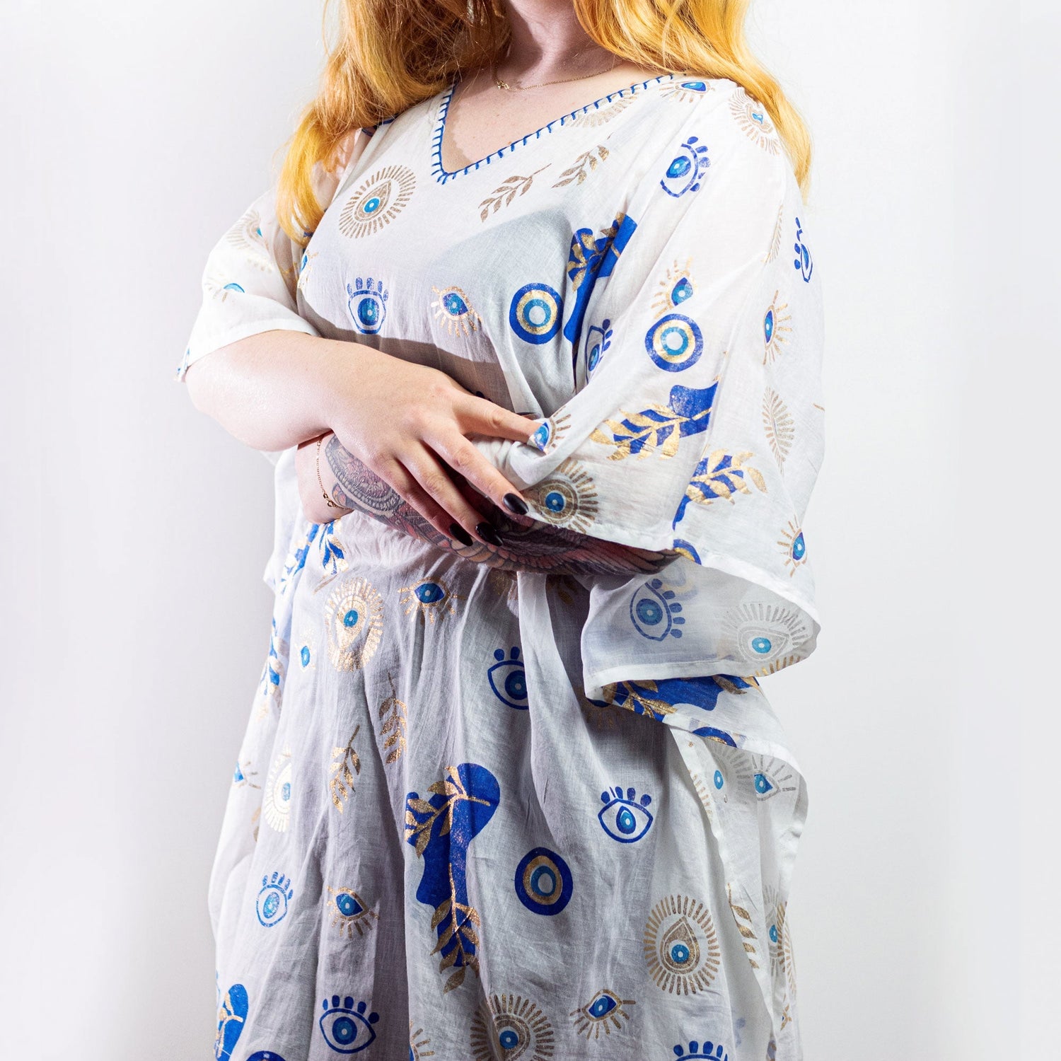 Nomad Sari On the Med Collection - Kaftan - White , Blue & Gold Evil Eye Design - SHAMTAM.COM