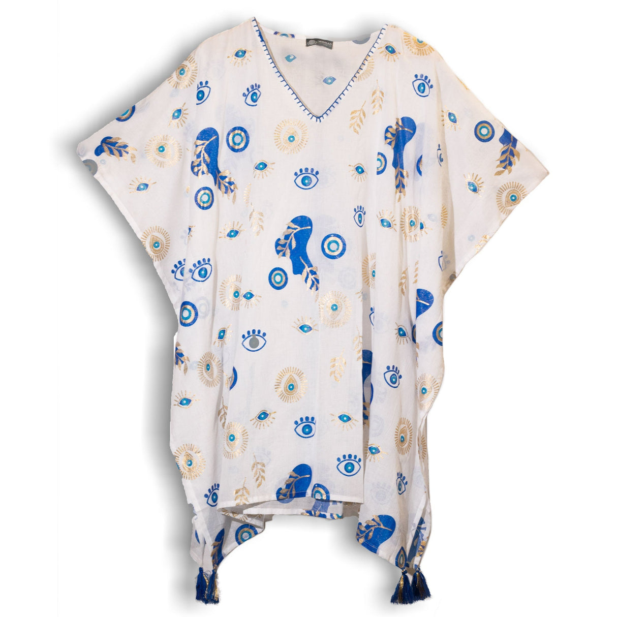 Nomad Sari On the Med Collection - Kaftan - White , Blue & Gold Evil Eye Design - SHAMTAM.COM