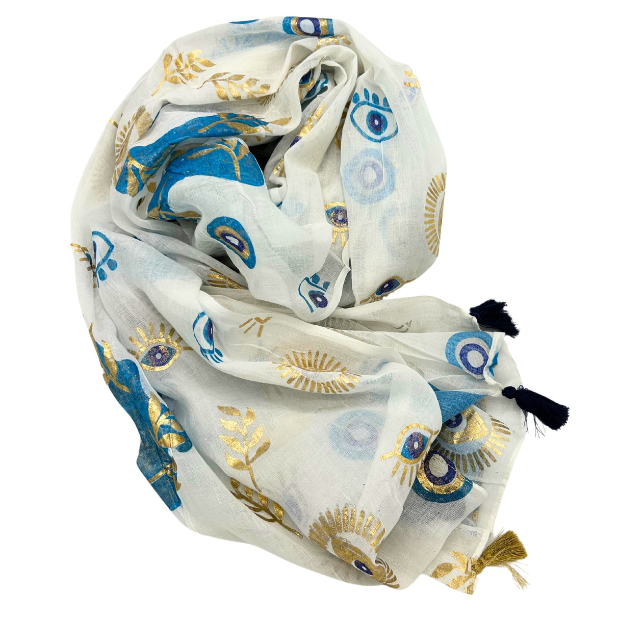 Nomad Sari On the Med Collection - Pareo - White , Blue & Gold Evil Eye Design - SHAMTAM.COM