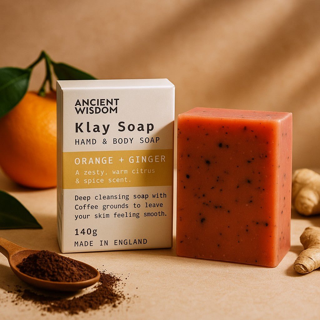 Klay Soap with packaging on a wooden surface with coffee grounds and ginger root.