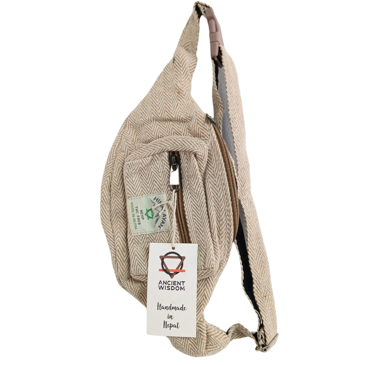 Handmade Natural Cotton Hemp Waist Bag with Herringbone Pattern - Himalayan Fanny Pack from Nepal - SHAMTAM.COM