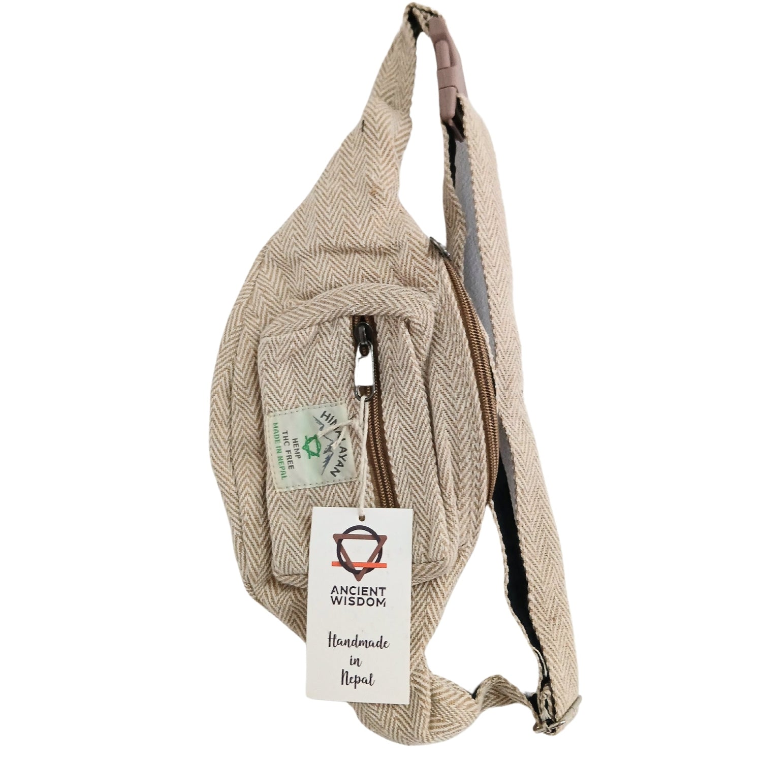 Handmade Natural Cotton Hemp Waist Bag with Herringbone Pattern - Himalayan Fanny Pack from Nepal - SHAMTAM.COM