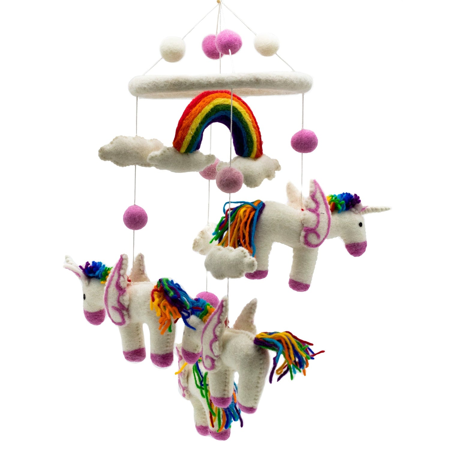 Whimsical Handmade Felt Baby Mobile with Rainbow Unicorns and Clouds - Nursery Decor with Pink Pom - Poms - SHAMTAM.COM