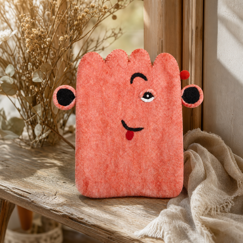Felt Laptop Pouch (up to 14") - Pink Cute Face — styled in a warm, naturally lit interior