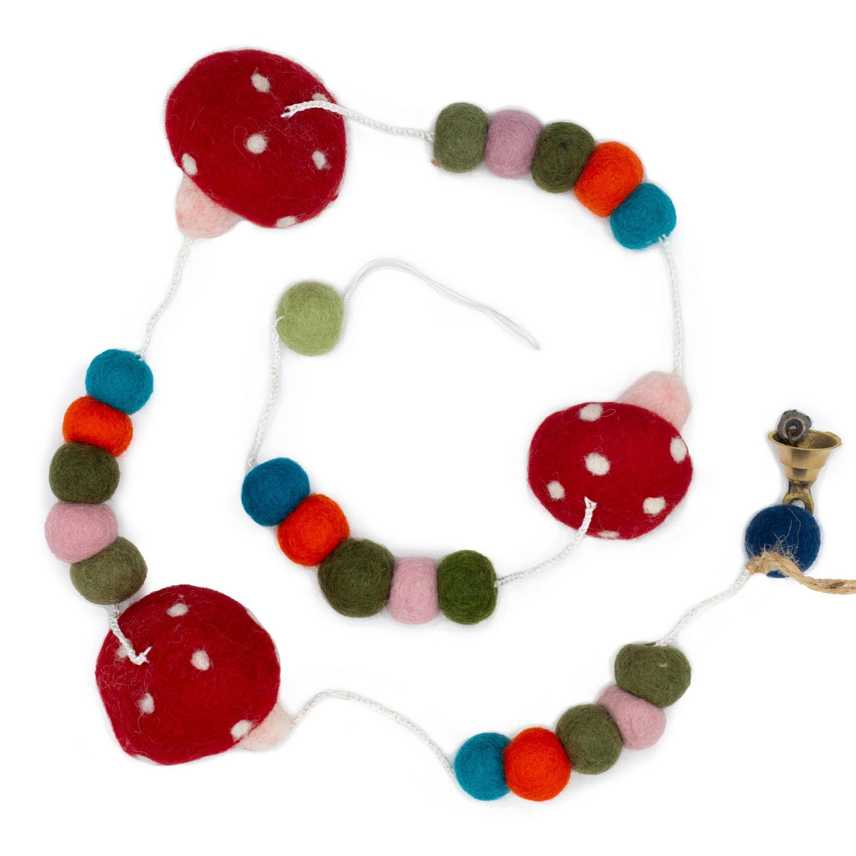 Whimsical Felt Mushroom Garland with Colorful Balls and Bell - Festive Redtop Mushroom Wall Hanging Decor - SHAMTAM.COM