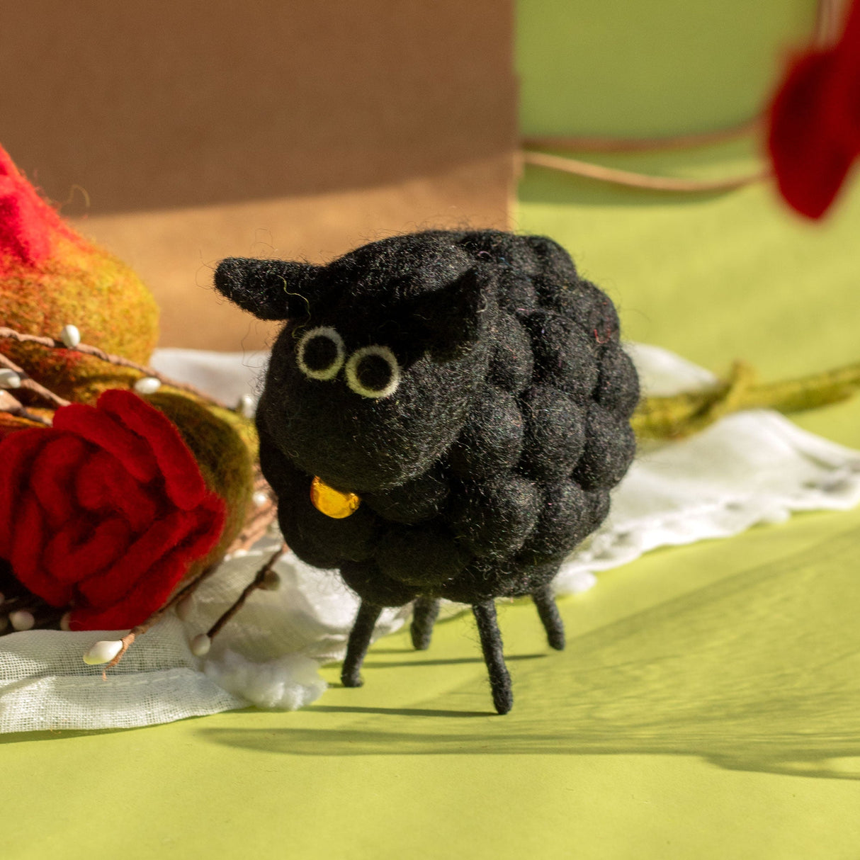Handcrafted Black Felt Sheep with Golden Bell - Eco - Friendly Whimsical Décor - SHAMTAM.COM