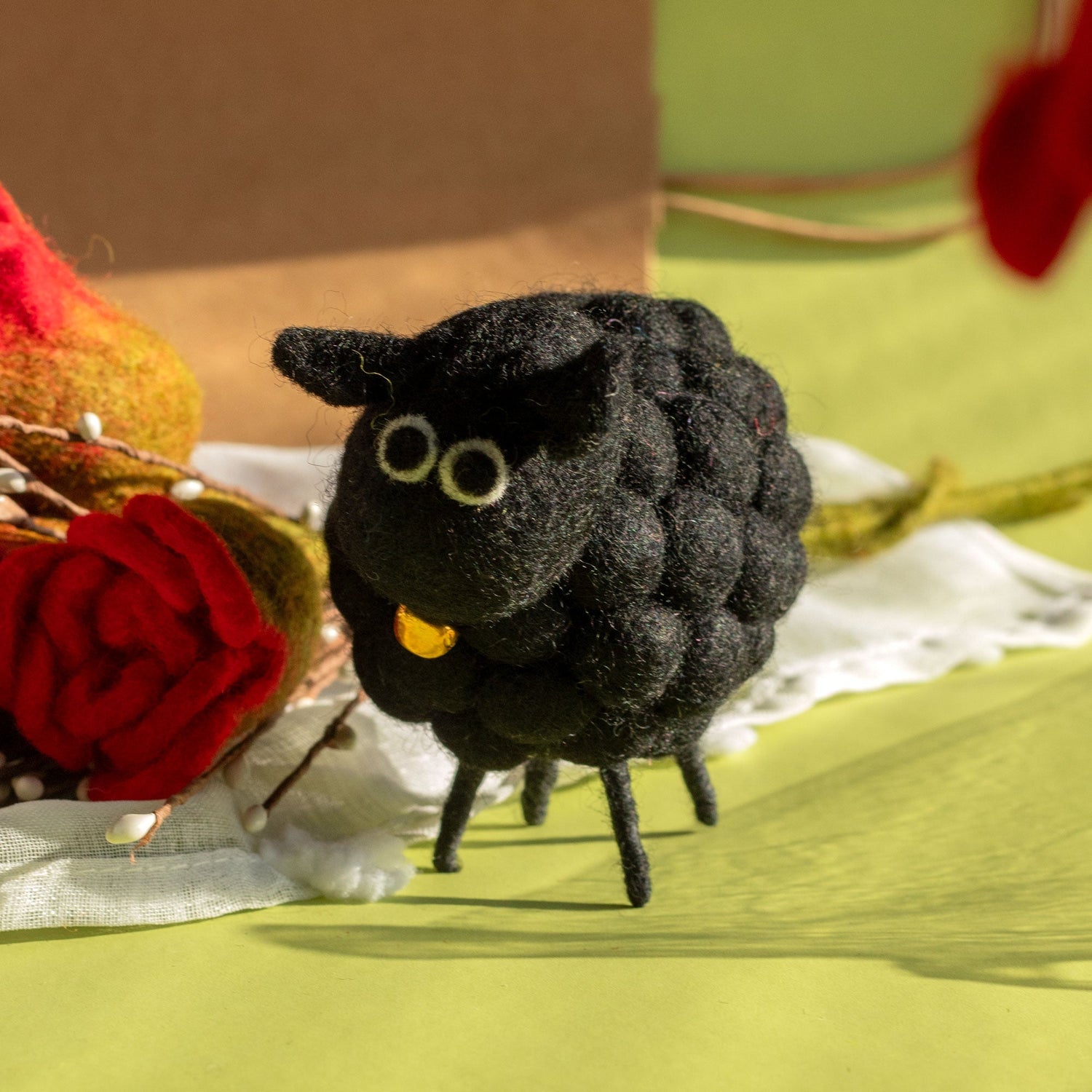 Handcrafted Black Felt Sheep with Golden Bell - Eco - Friendly Whimsical Décor - SHAMTAM.COM
