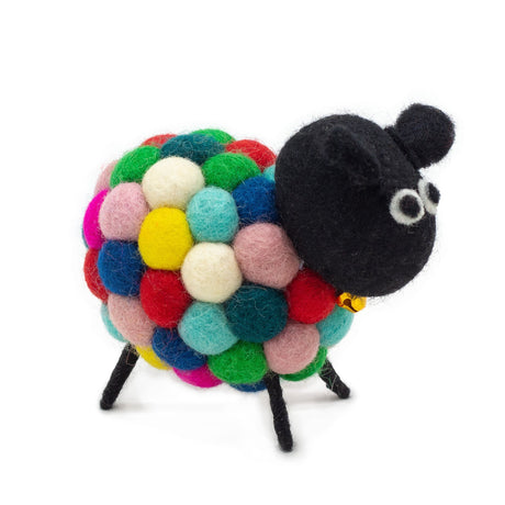 Handcrafted Multi - Coloured Felt Sheep Figurine with Golden Bell - Eco - Friendly Home Décor - SHAMTAM.COM