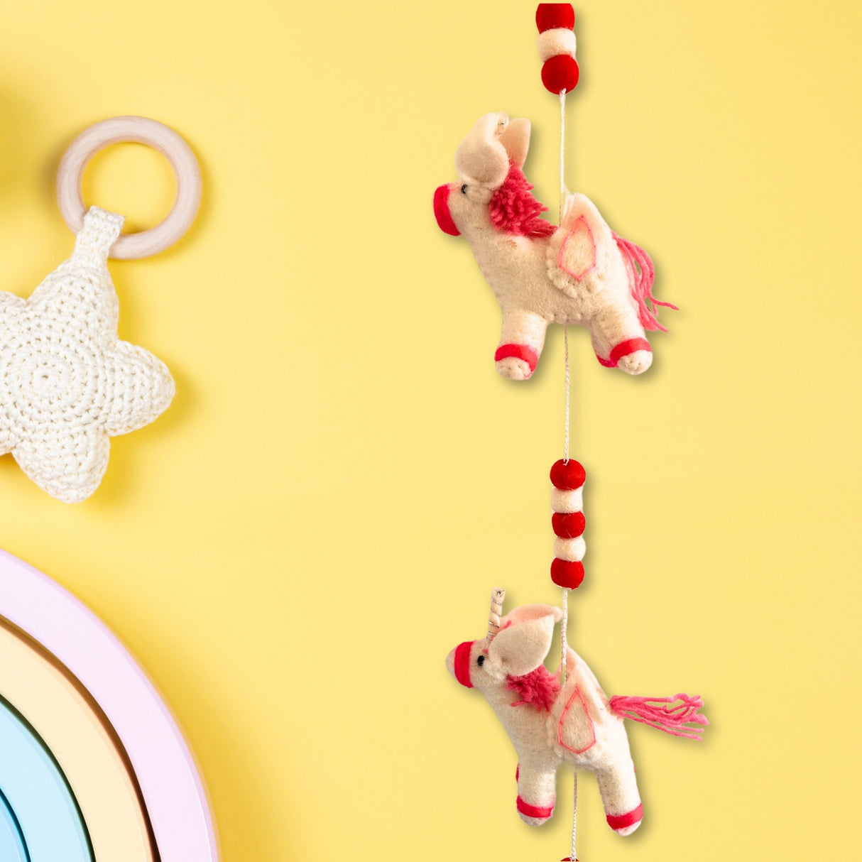 Handcrafted Felt Unicorn Wall Hanging Garland with Pink Accents and Embroidered Details - SHAMTAM.COM