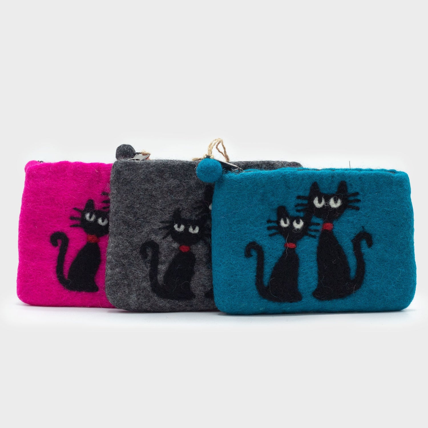 Handmade Natural Felt Zipper Pouch with Two Black Cats - Pink Background, Made in Nepal by Ancient Wisdom - SHAMTAM.COM