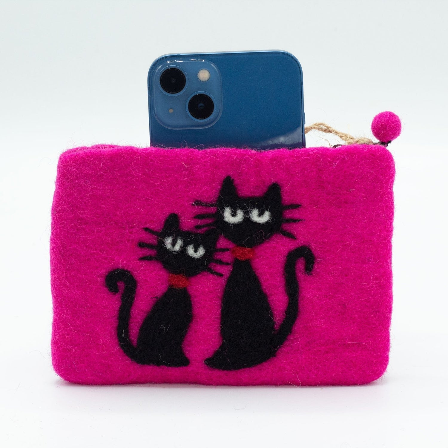 Handmade Natural Felt Zipper Pouch with Two Black Cats - Pink Background, Made in Nepal by Ancient Wisdom - SHAMTAM.COM