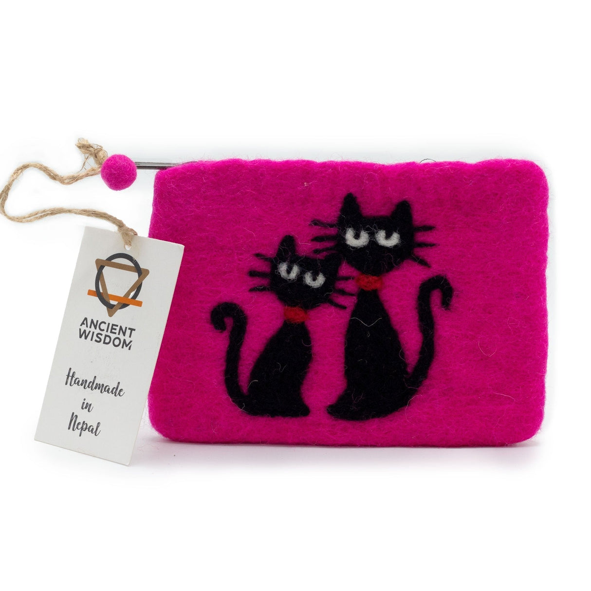 Handmade Natural Felt Zipper Pouch with Two Black Cats - Pink Background, Made in Nepal by Ancient Wisdom - SHAMTAM.COM