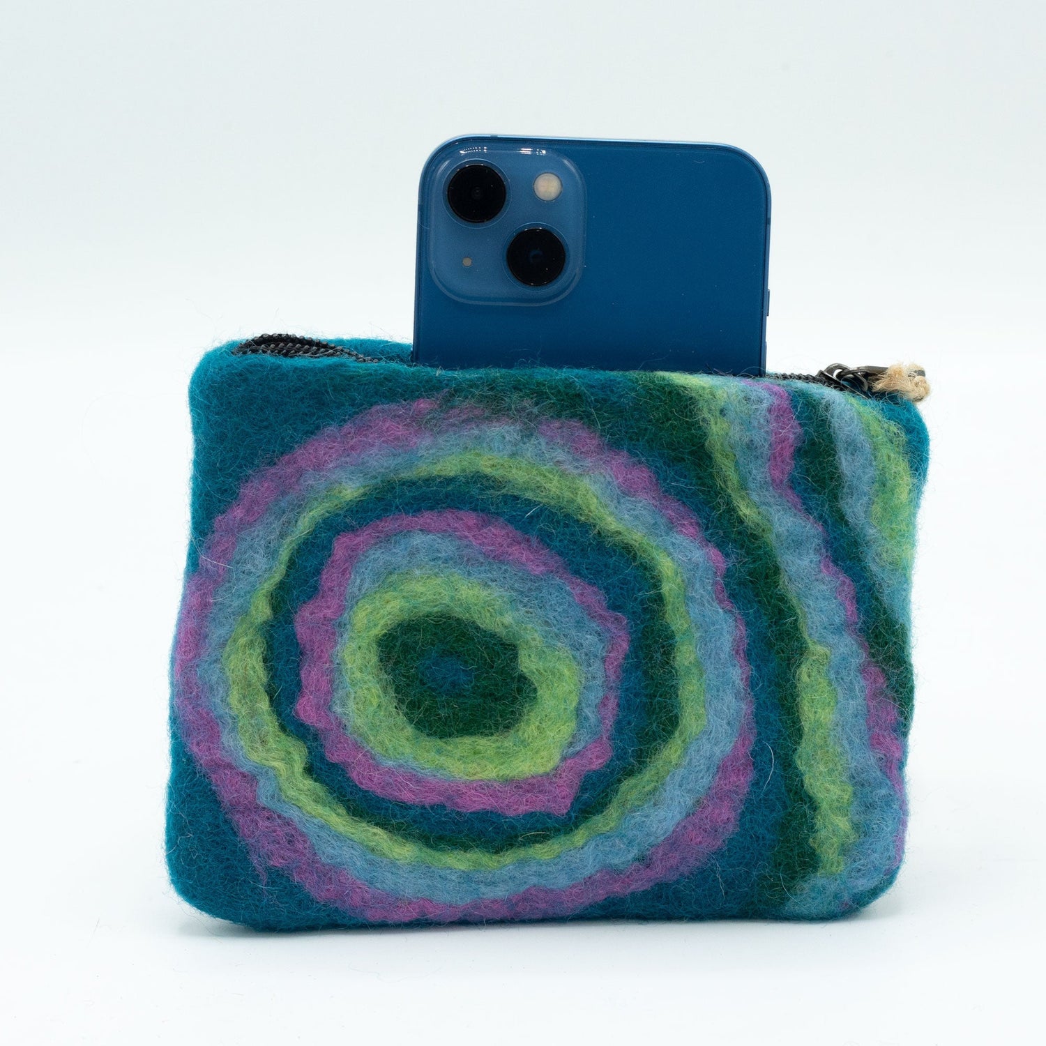Handmade Psychedelic Felt Zipper Pouch - Colorful Circular Pattern by Ancient Wisdom, Made in Nepal - SHAMTAM.COM
