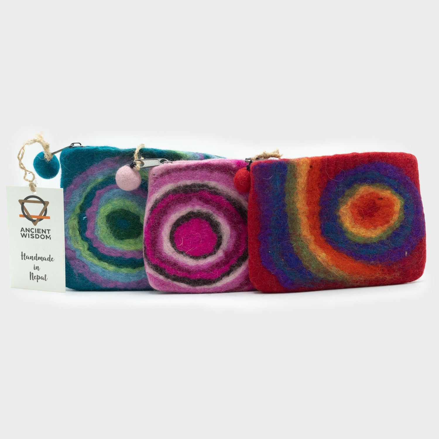 Handmade Psychedelic Felt Zipper Pouch - Colorful Circular Pattern by Ancient Wisdom, Made in Nepal - SHAMTAM.COM