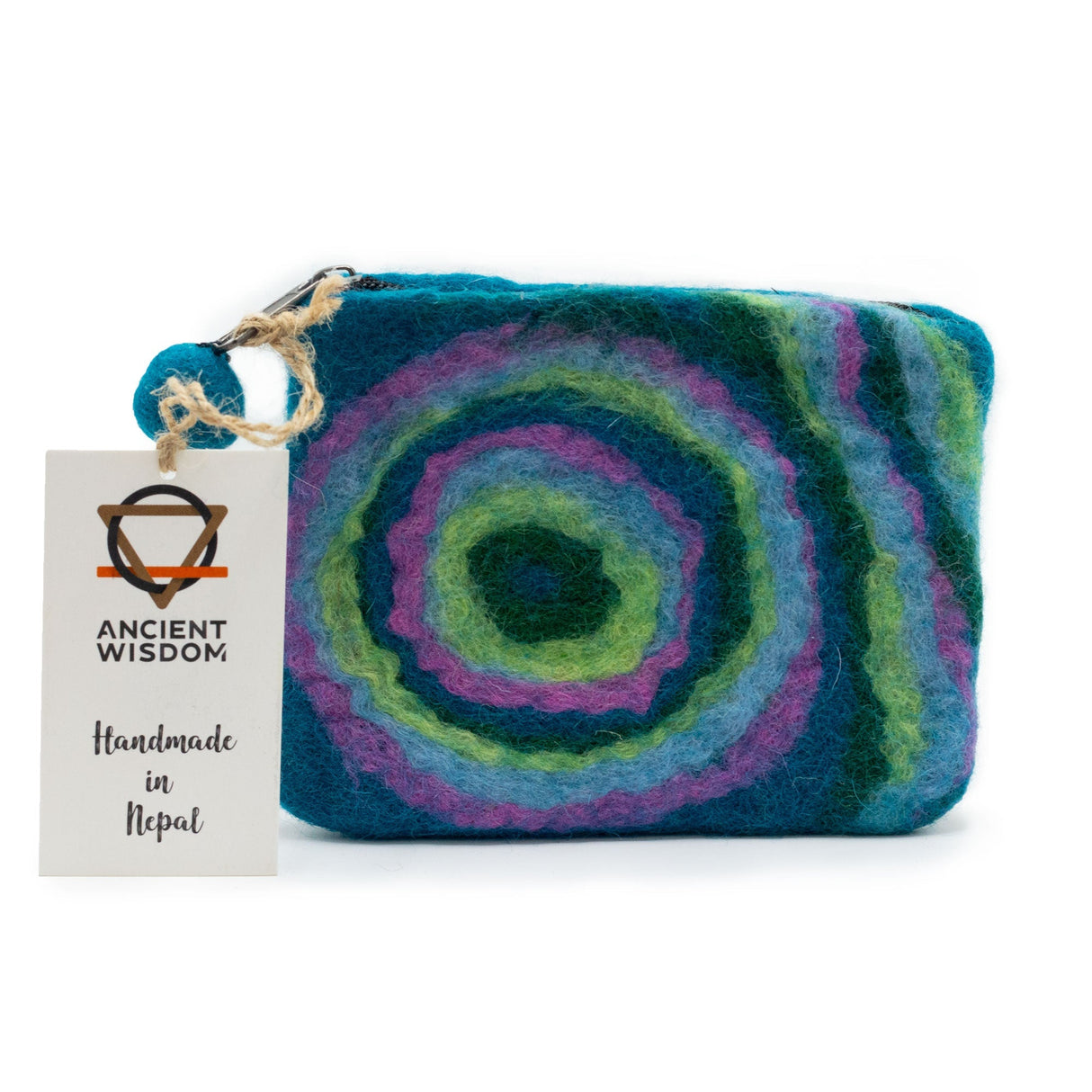 Handmade Psychedelic Felt Zipper Pouch - Colorful Circular Pattern by Ancient Wisdom, Made in Nepal - SHAMTAM.COM