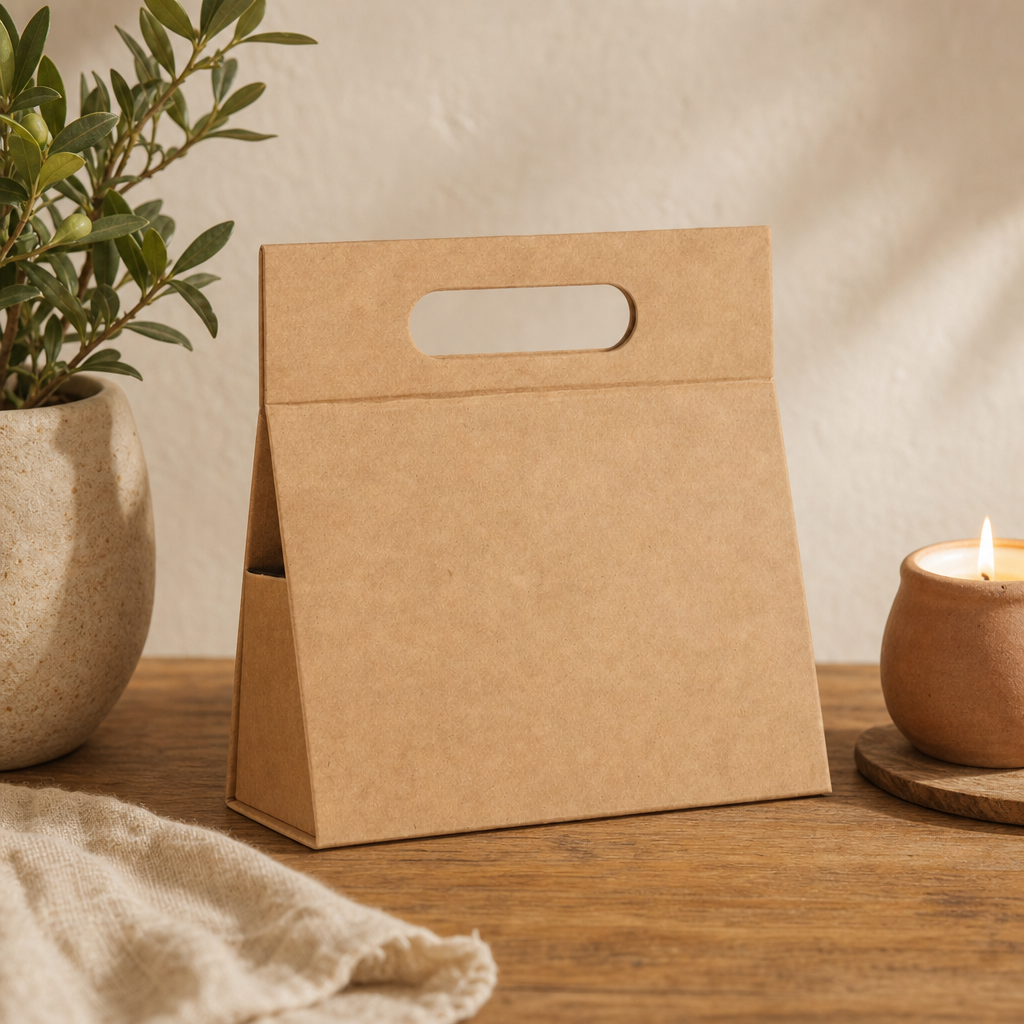 Flat Pack Gift Box - Hand Box (20 × 10 × 20 cm) - Brown Craft — styled in a warm, naturally lit interior