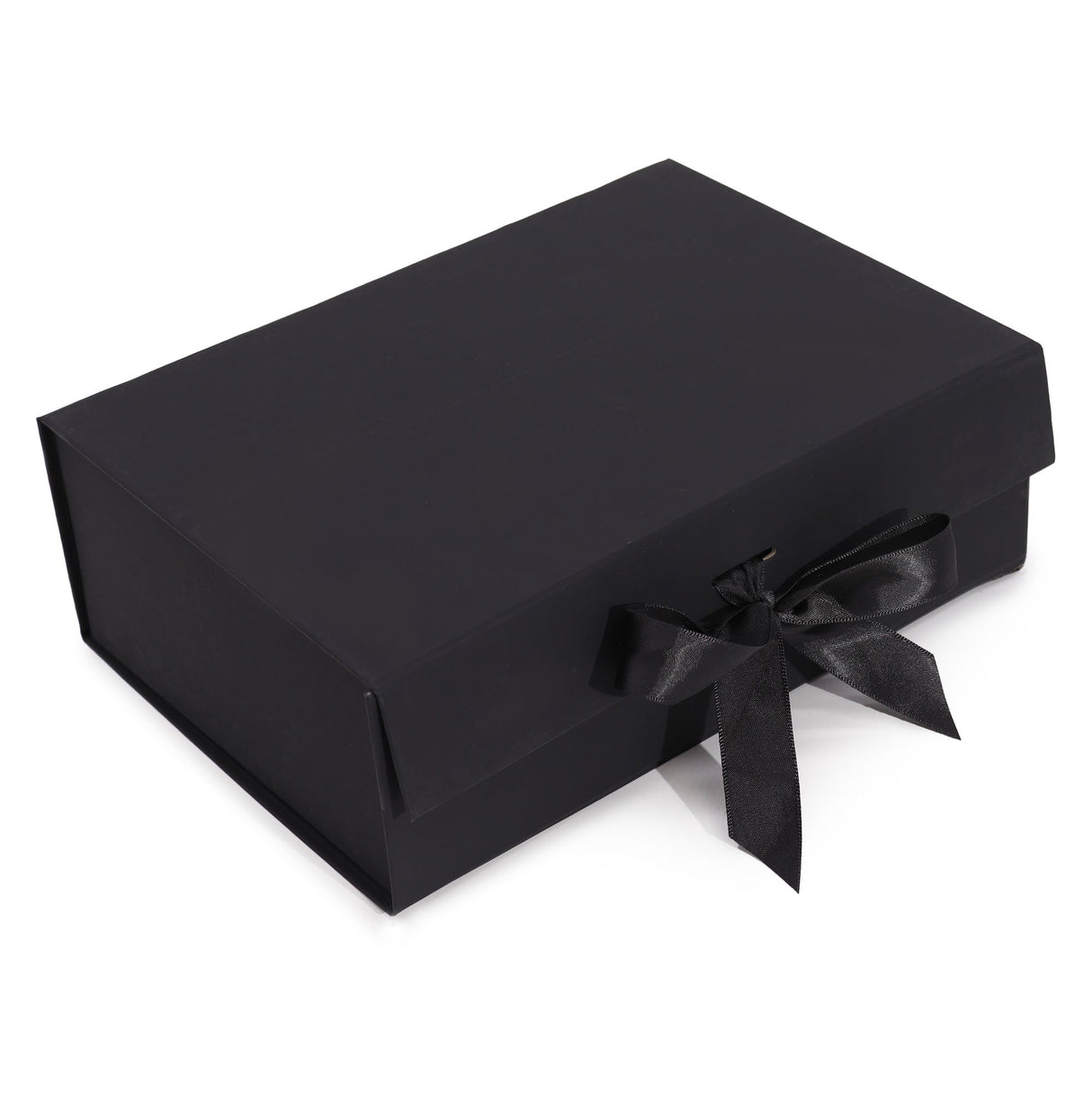 Black gift box with a black ribbon on a white background
