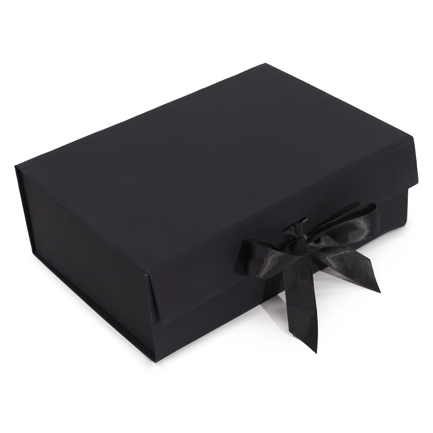 Black gift box with a black ribbon on a white background