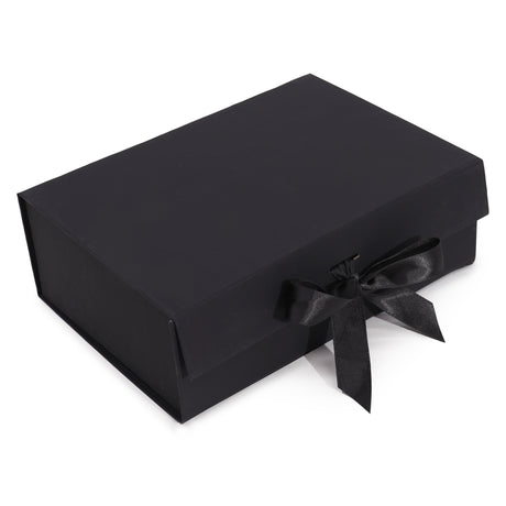 Black gift box with a black ribbon on a white background