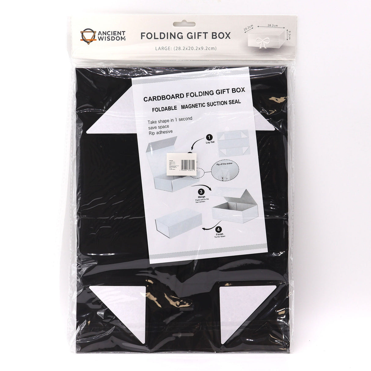 Packaged cardboard folding gift box with instructions on a white background