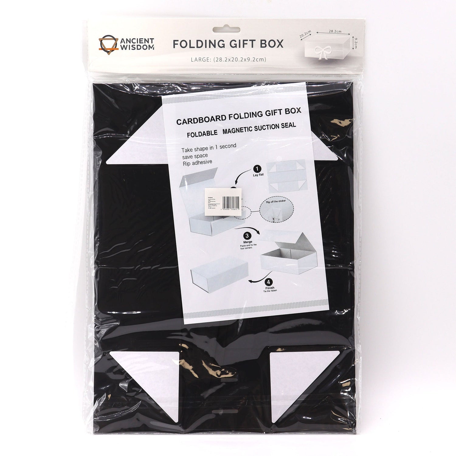 Packaged cardboard folding gift box with instructions on a white background