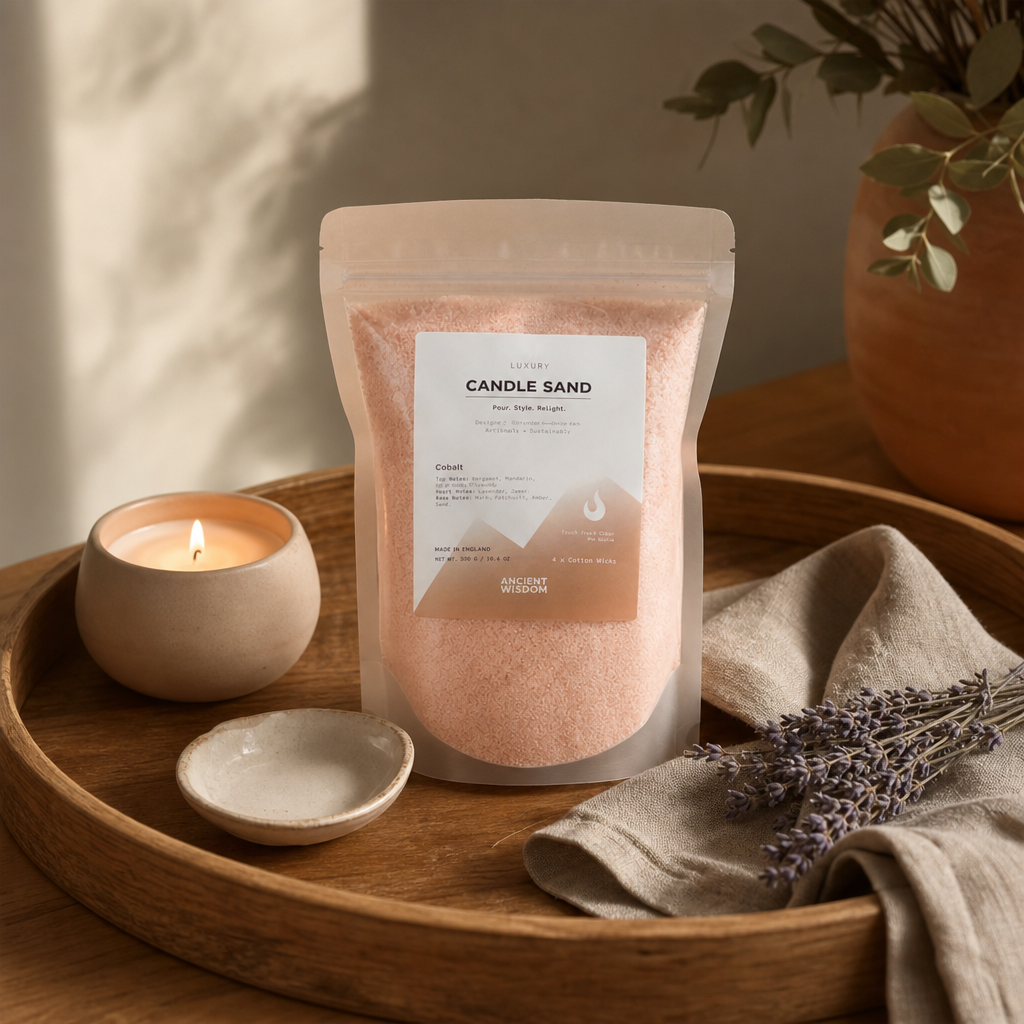 Fragranced Candle Sand - Taupe Orange - Cobalt - 300g — styled in a warm, naturally lit interior