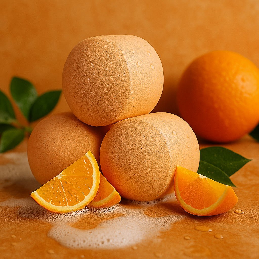 Orange bath bombs with orange slices and leaves on a matching background