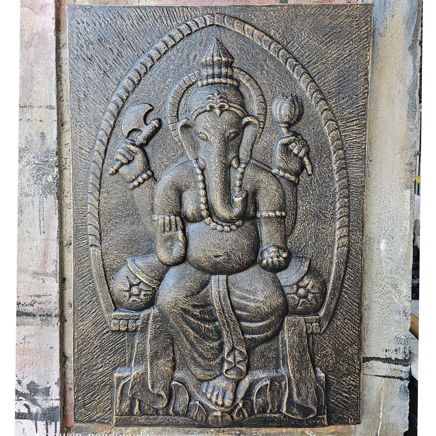 Antique Gold Relief Ganpati Iron Frame - 0.7x1m Intricately Carved Hindu Deity Ganesha Wall Art - SHAMTAM.COM