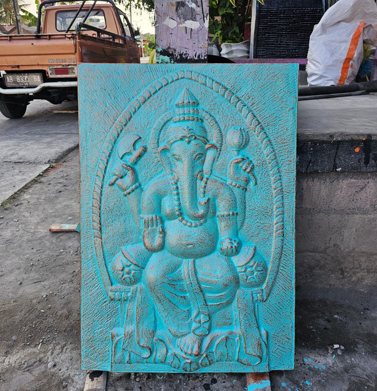 Turquoise Ganpati Iron Frame Relief Sculpture - 0.7x1m Hindu Deity Ganesha with Patterned Arch - SHAMTAM.COM