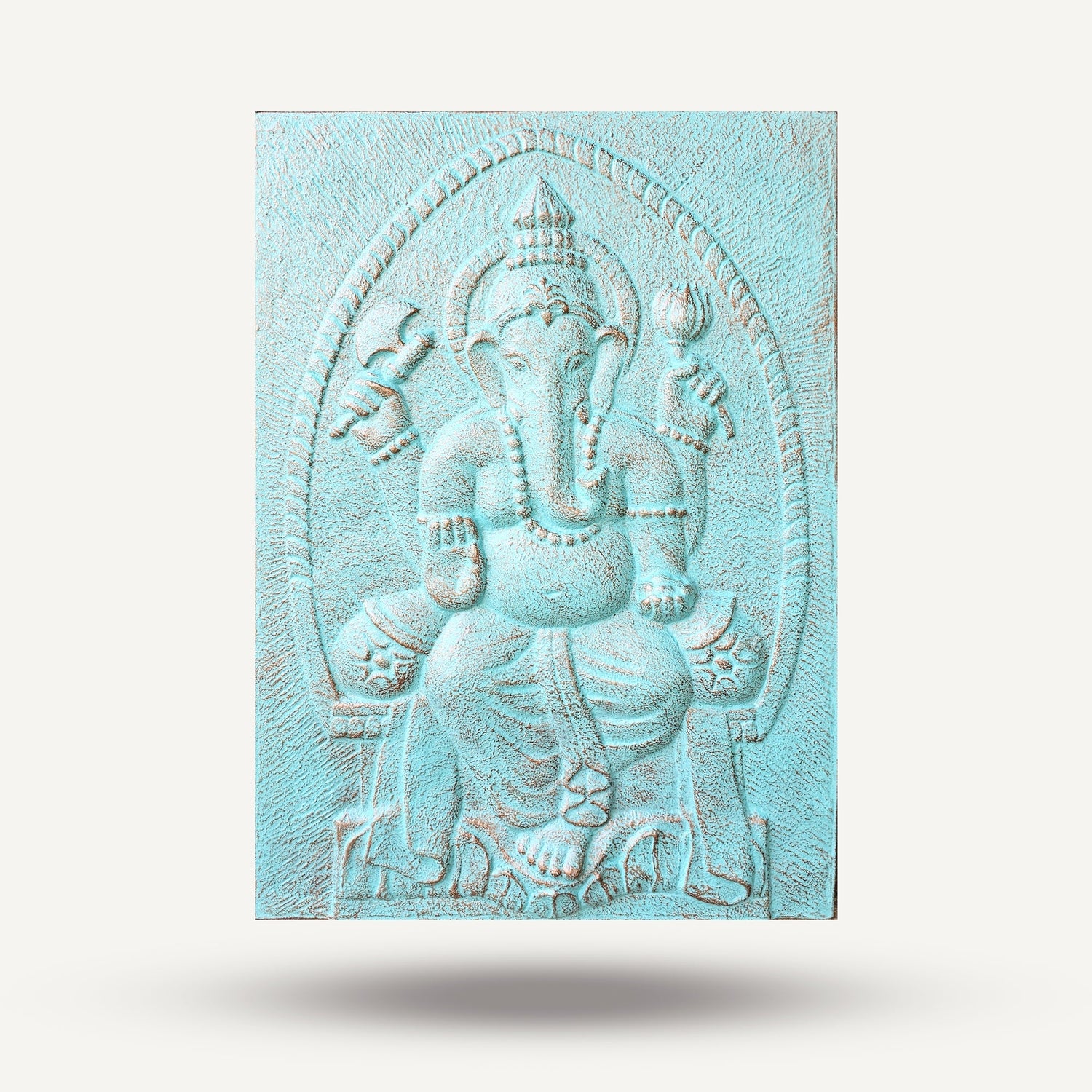 Turquoise Ganpati Iron Frame Relief Sculpture - 0.7x1m Hindu Deity Ganesha with Patterned Arch - SHAMTAM.COM