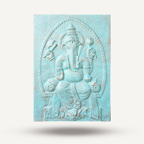 Turquoise Ganpati Iron Frame Relief Sculpture - 0.7x1m Hindu Deity Ganesha with Patterned Arch - SHAMTAM.COM
