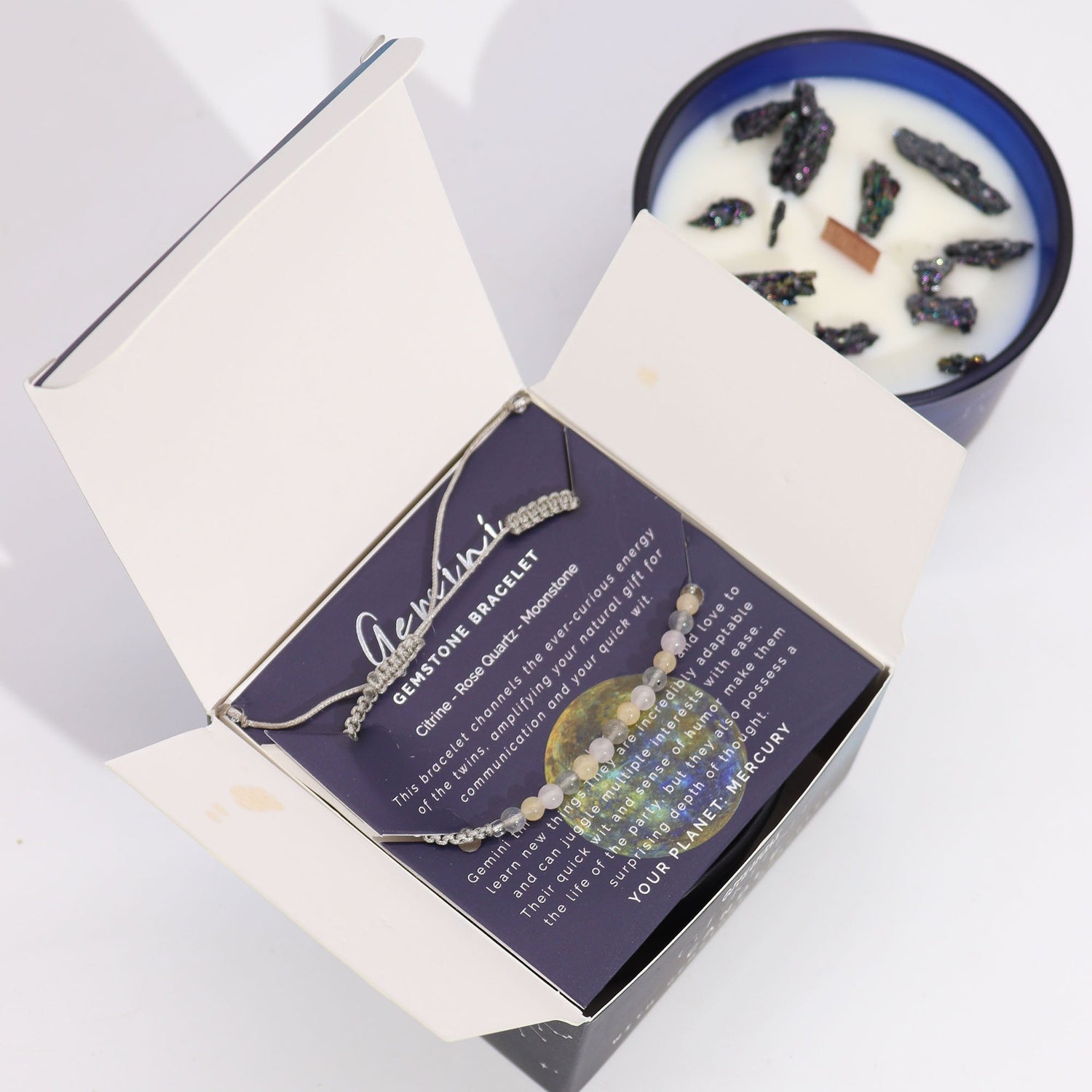 Gemini Zodiac Crystal Candle & Gemstone Bracelet Set - Enhance Creativity & Balance with Citrine, Rose Quartz, and Moonstone - SHAMTAM.COM