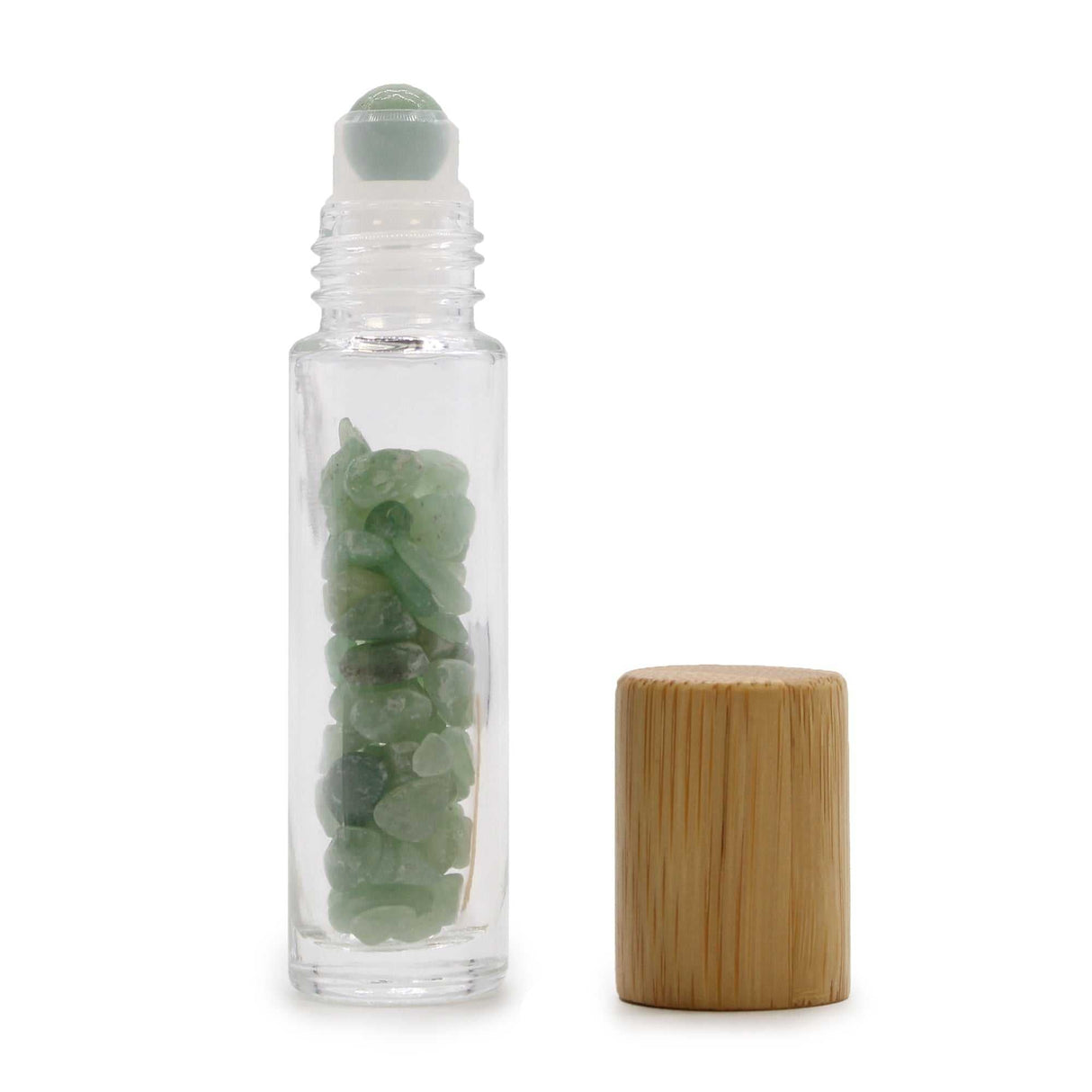 Clear glass roll on bottle filled with green aventurine stones and a wooden cap for essential oils and perfumes
