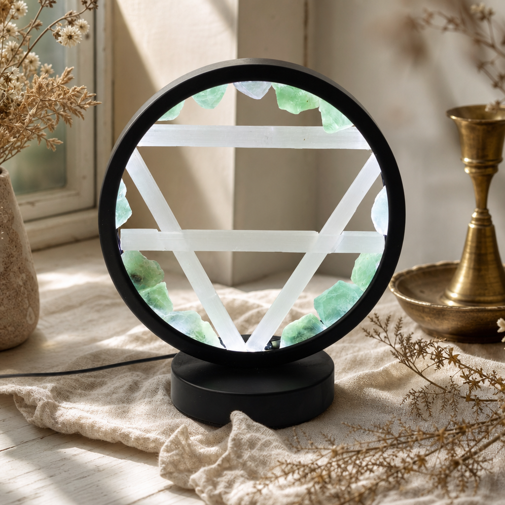 Gemstone Halo Lamp - Earth - Aventurine & Selenite — styled in a warm, naturally lit interior