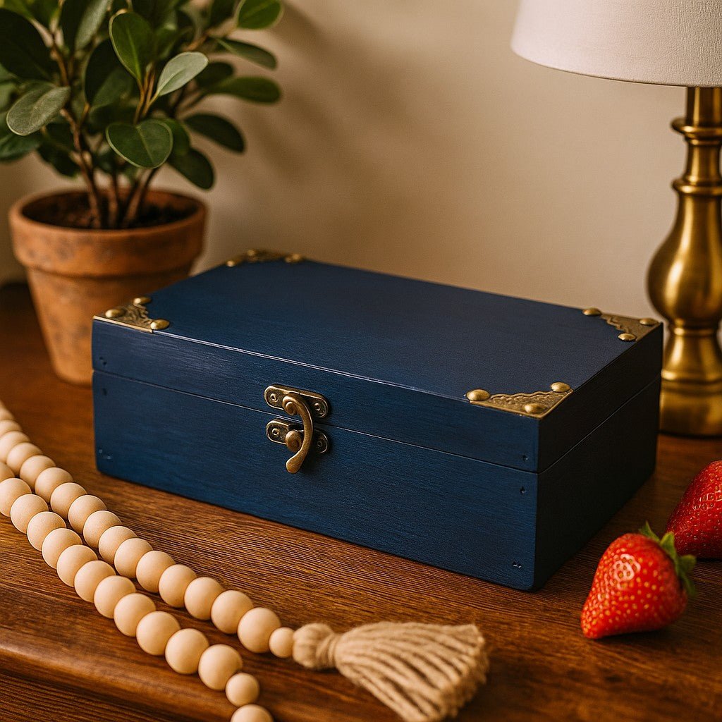 Blue wooden box with gold accents on a wooden surface with a plant and lamp in the background