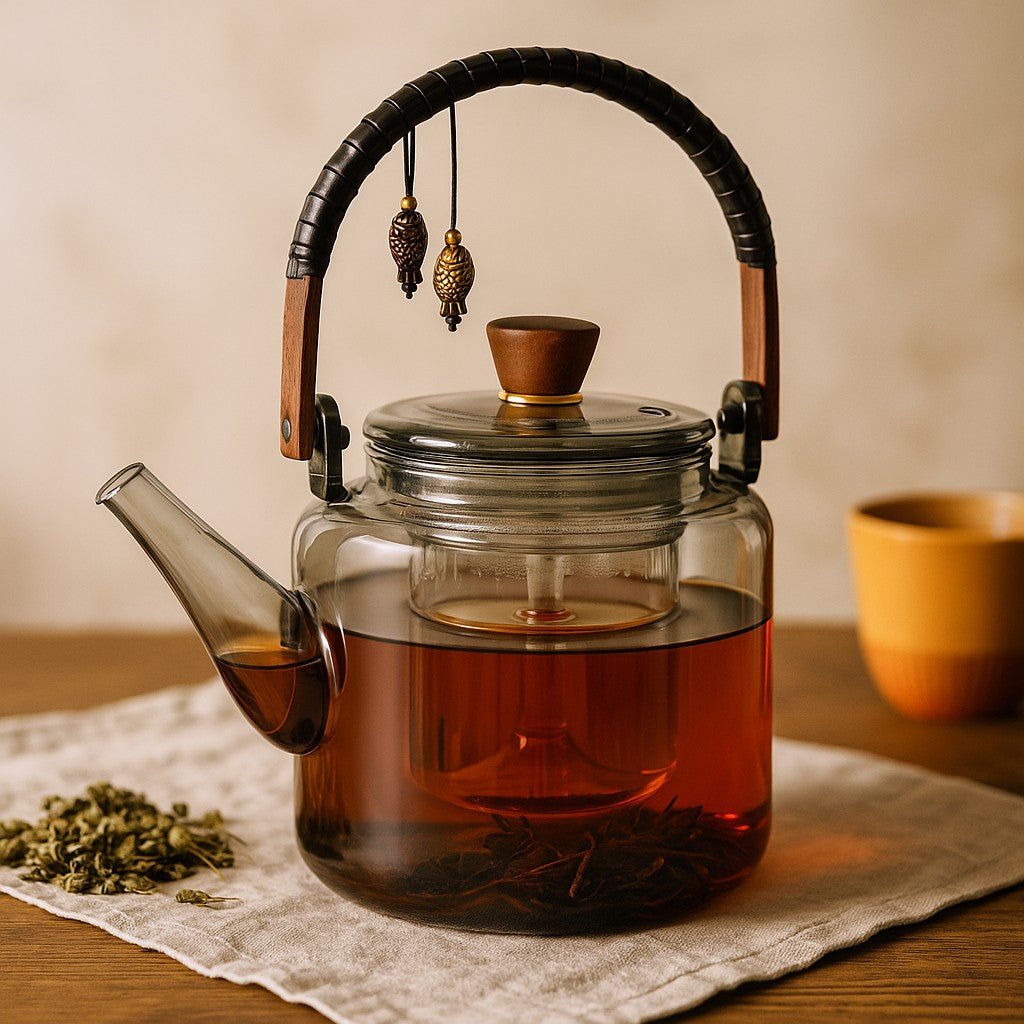 Glass teapot with a wooden handle and black accents, filled with tea, on a wooden surface.