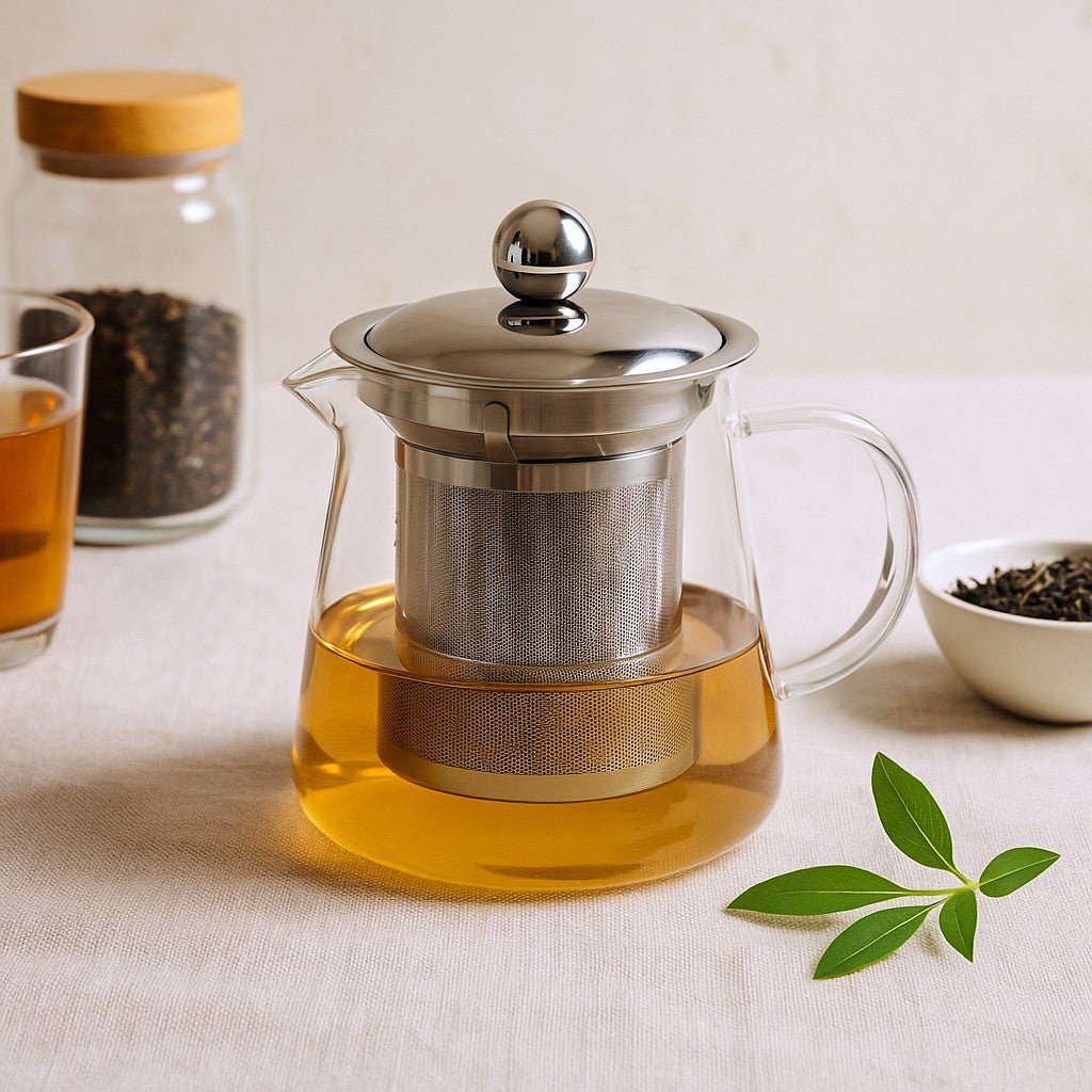 Clear glass teapot with metal infuser on a light surface, surrounded by tea leaves and a glass of tea.