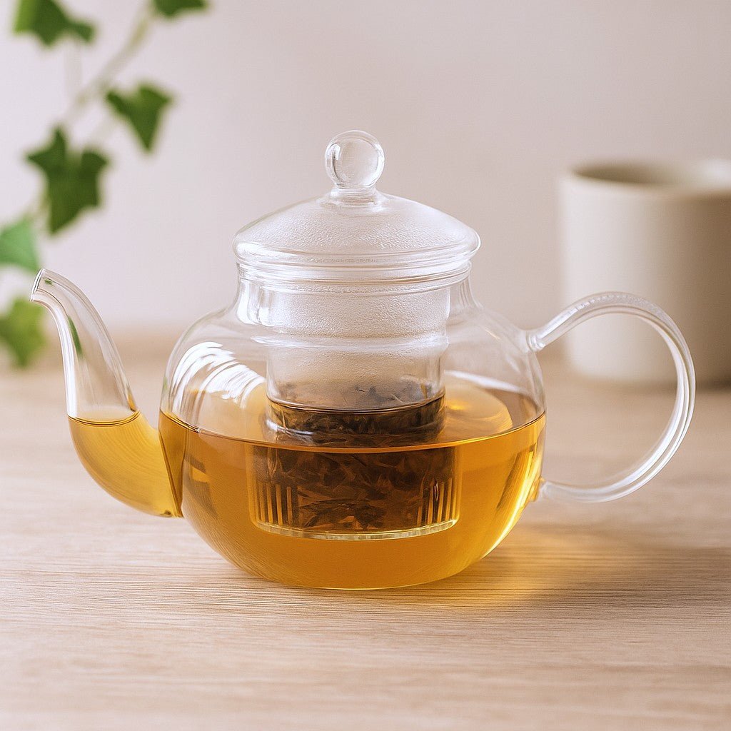 Clear glass teapot with tea on a wooden surface
