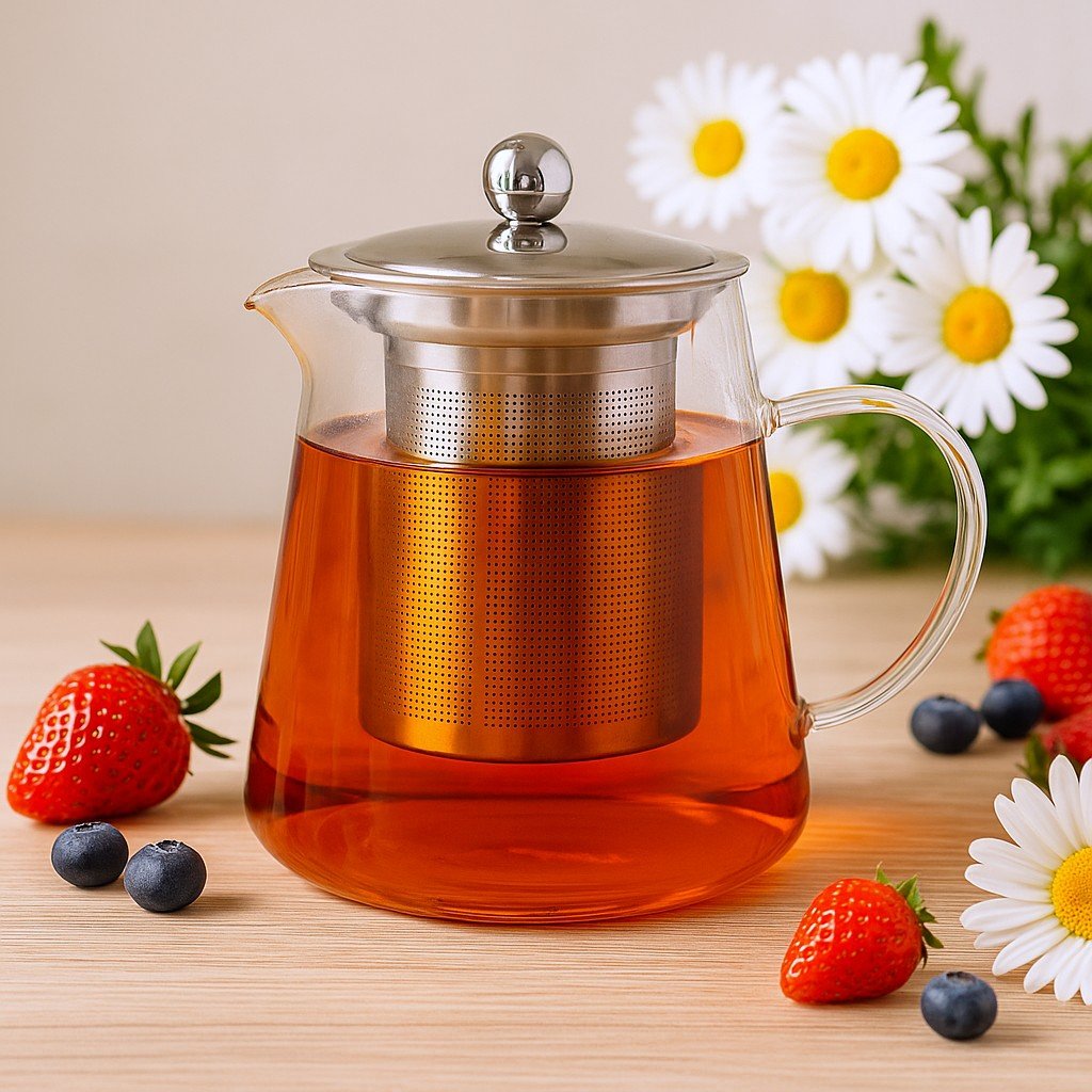 Glass Teapot With Infuser, 950ml Flask Shape - SHAMTAM.COM