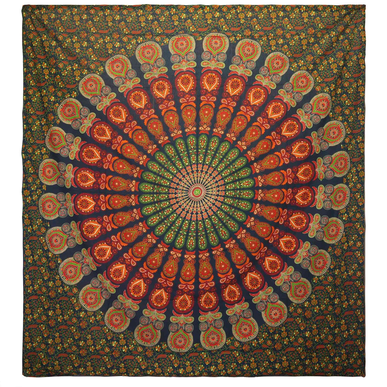 Vibrant Green Peacock Mandala Tapestry - Double Cotton Bedspread & Wall Hanging with Intricate Floral Design - SHAMTAM.COM