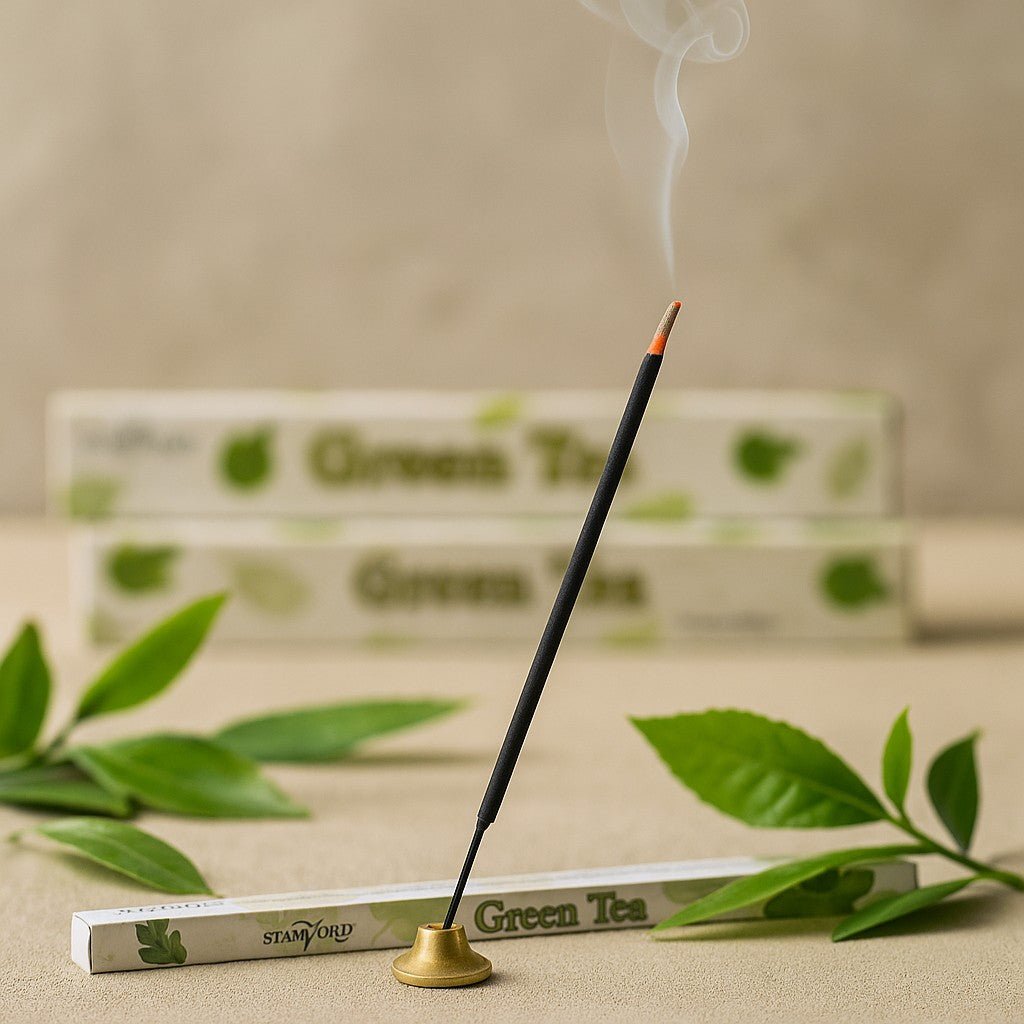 Incense stick with smoke and 'Green Tea' packaging in the background